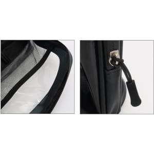 A black waterproof transparent cosmetic bag featuring mesh pockets and a zipper closure. It has branding on the side.