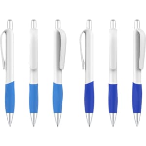A collection of plastic pens with creamy white barrels and blue grips, featuring clips and a sleek design.