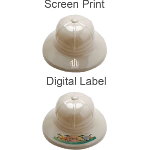 A PVC safari hat in a light beige colour, featuring two different label styles. The hat has a logo.