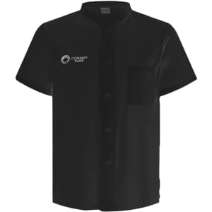 A black short-sleeved chef jacket featuring a single-breasted design and a pocket, with a logo.
