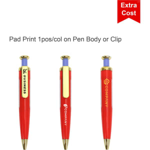 A red pen with a rocket shape, featuring a gold clip and top, alongside branding options.