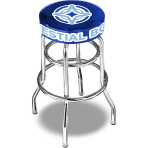 A custom barstool with a blue padded seat and a metal frame, featuring a logo on the seat.