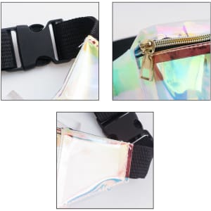 A transparent, iridescent bum bag with a zippered pocket and adjustable black strap. It features a plastic buckle closure.