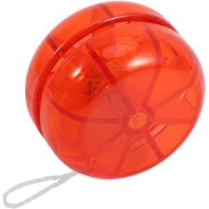 An orange yoyo with a transparent design and a string attached for ease of use.