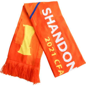 An orange spandex scarf featuring a logo and text, with fringed ends and a vibrant design.