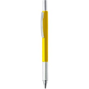 A yellow and silver multi-function pen featuring a sleek metal design and a logo on the barrel.