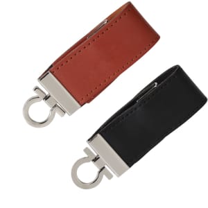 A sleek leather flash drive in brown and black, featuring a metal clasp and an attached ring for easy carrying.