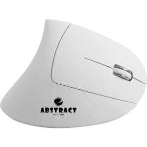 An ergonomic wireless mouse in white, featuring a curved design and a branding logo.