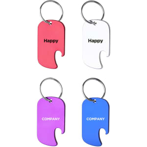 A drink bottle opener keyring in pink, white, purple, and blue, featuring metal loops for attaching to keys.