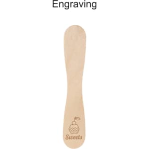 A wooden ice cream spoon stick in a light, natural colour with engraved design. Features a logo.