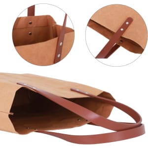 A brown washable kraft paper bag featuring a PU handle, showcasing details of its interior and handle design.