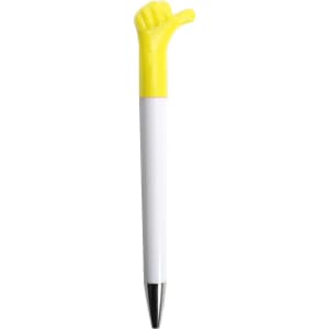 A pen with a yellow thumbs-up handle and a white barrel, featuring a silver tip. It has a logo on the barrel.