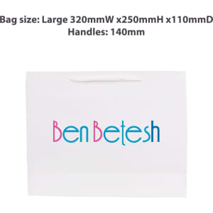 A large white paper bag with fabric flat handles and a logo printed on the front.