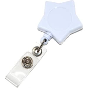 A light blue star-shaped retractable card holder with a clear clip attachment.