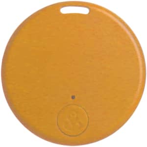 A round, yellow anti-loss smart tag featuring a small indicator light and a hole for attachment.