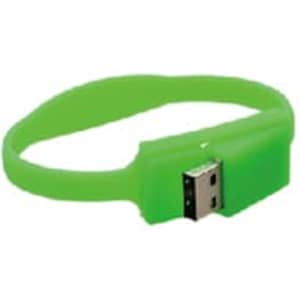 A green silicone wristband flash drive featuring a USB connector. The wristband has a logo on it.