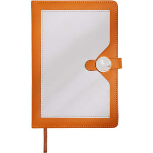 An orange notebook with a magnetic buckle closure and a blank front cover. It features a ribbon bookmark.