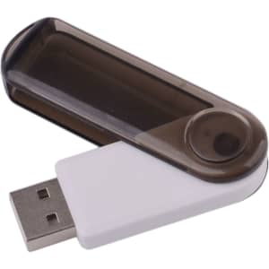 A transparent swivel flash drive in black and white, with a rotating cover and a logo.