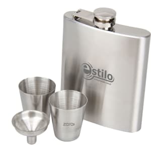 A stainless steel hip flask set featuring a flask, two shot cups, and a funnel, all in a polished finish.