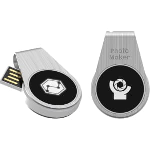 A silver swivel flash drive featuring a logo on a circular face with a retractable USB connector.
