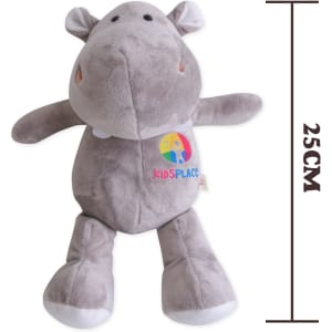 A grey hippopotamus plush toy, measuring 25 cm, with a colourful logo on its chest.