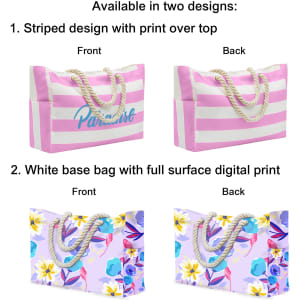 A pink and white striped beach bag with rope handles; a floral printed beach bag with a white base and rope handles.