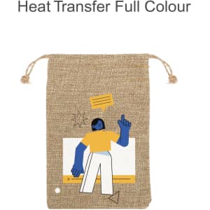A linen drawstring gift bag in a natural colour featuring a colourful illustration of a person and a branding logo.