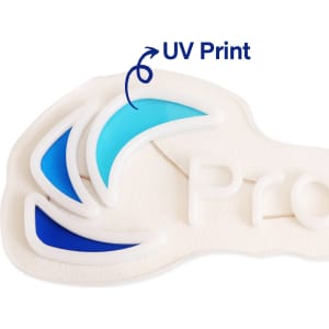 A UV colour printed design featuring blue and aqua waves on a white background, with a branding logo included.