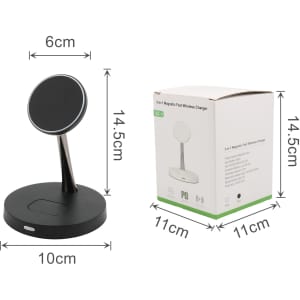 A black MagSafe 2-in-1 wireless charger with a magnetic charging pad and a compact stand, next to its packaging.