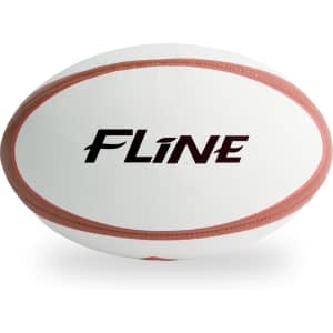 A rugby ball in white with red trim and a logo design. Suitable for training and outdoor activities.