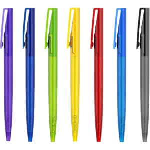 A range of plastic pens with transparent barrels in purple, blue, green, yellow, red, and black. Each pen has a clip.