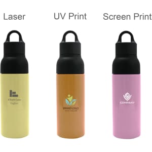 A drink bottle collection featuring yellow, orange, and pink insulated tumblers with black lids and logos.