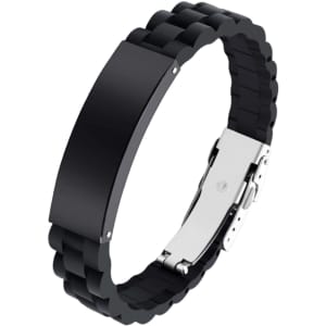 A black metal and silica bracelet with a folding lock clasp, featuring a sleek, modern design.
