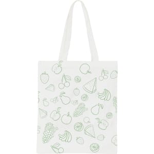 A light green cotton tote bag featuring various fruit illustrations and long handles.