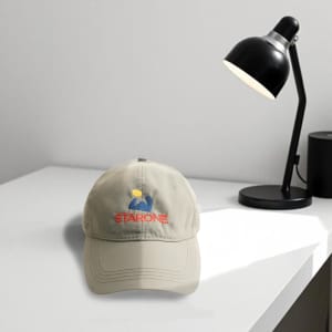 A beige quick-drying perforated cap with a logo, placed on a table beside a black lamp.
