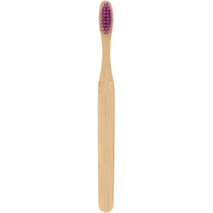 A large flat handle toothbrush with a bamboo body and a purple bristle head, featuring a logo on the handle.
