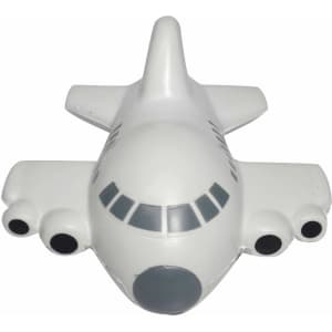 A white aircraft-shaped stress reliever with grey accents and black details. It features three engines and a logo.