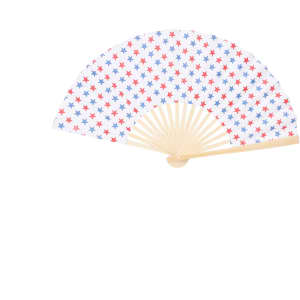 A foldable fan with a pattern of red and blue stars on a white background, featuring a natural wooden handle.