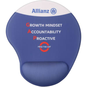 A blue gel mouse pad featuring a curved design and a logo, with the words "Growth Mindset, Accountability, Proactive".
