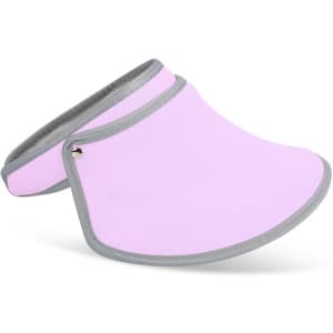 A pink 360° swivel sun visor hat with a grey trim and a logo.