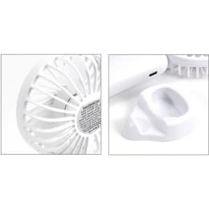 A white handheld fan with a built-in phone stand and a USB charging port. It features a logo on the handle.