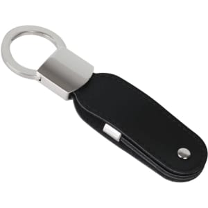 A black leather swivel flash drive with a silver metal connector and keyring attachment.