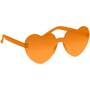 Heart-shaped sunglasses in vibrant orange with transparent frames and tinted lenses. Suitable for festive occasions.