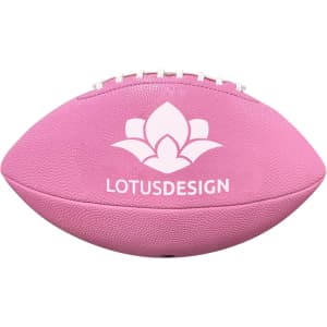 A pink American football with a textured surface and a logo. Ideal for sports and outdoor activities.