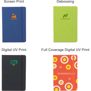 A collection of PU A6 notebooks in blue, green, and orange, featuring various printing techniques and designs.