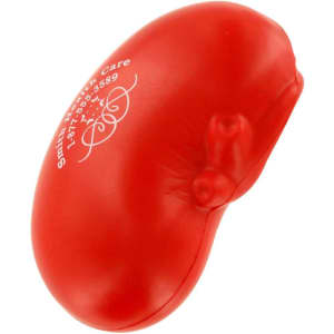 A red kidney-shaped stress reliever with a simple design and a logo on the surface.