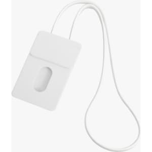 A white ABS retractable card holder with a lanyard, featuring a slot for a card and a smooth design.