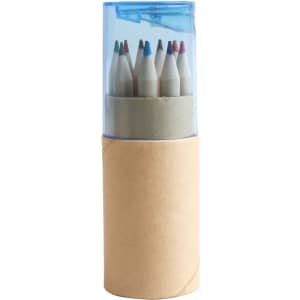 A set of recycled coloured pencils in a clear container, featuring various colours at the tips and a cardboard base.