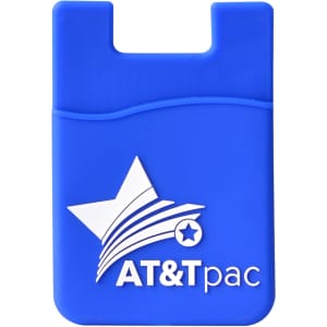A blue moulded smart wallet featuring a logo on the front, designed for holding a phone and cards.