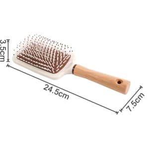 A paddle brush with a white base and a wooden handle, featuring a bristle design for styling hair.